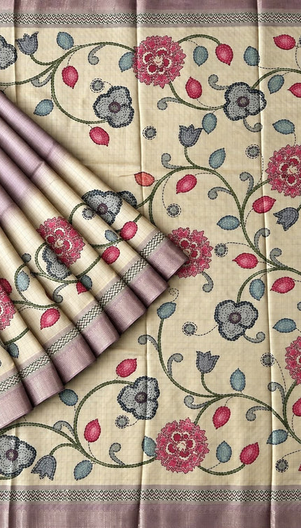 Tusser Saree with Floral and Golden Checks Design and Golden  Border - Onion Pink