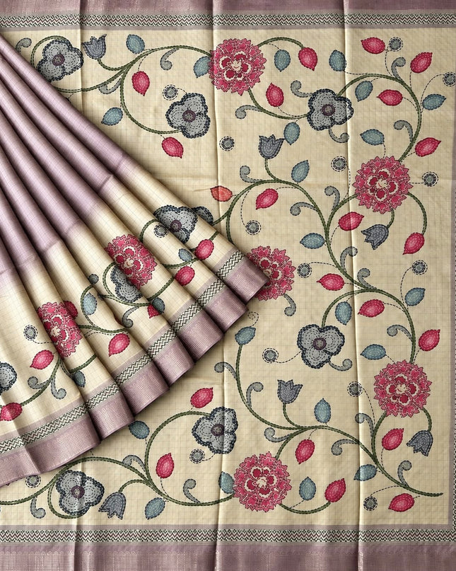 Tusser Saree with Floral and Golden Checks Design and Golden  Border - Onion Pink
