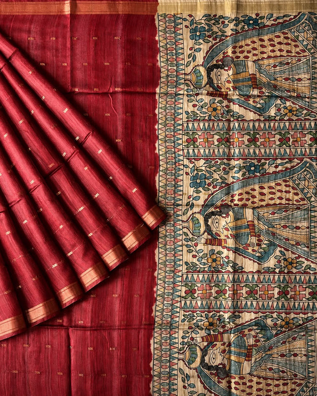 Tusser Saree With small gold Buttes with and Golden Border  - Maroon