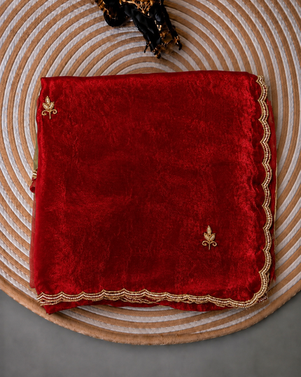 Space silk saree with Allover Karahan Butties Pearl Work and Scallop Border   - Red