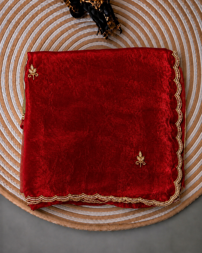 Space silk saree with Allover Karahan Butties Pearl Work and Scallop Border   - Red