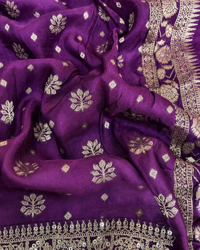 Georgette Saree with Laheriya Design and Cut Work Border - Purple