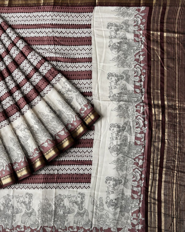 Muslin Silk Saree With  Geometrically Print and  Kalamkari Print and Golden Border - Onion Pink