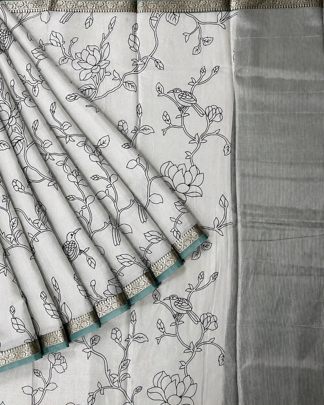 Mul Tissue Saree With Floral Print Small Kanchi Border- White &  Sage Green