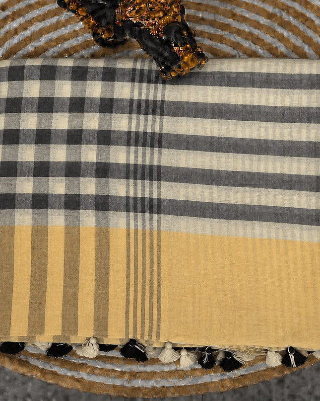 Cotton Saree With Checks Design and Tassels - Grey &Light Orange