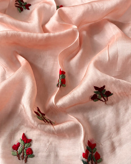 Italian Silk Saree With Kantha Work and French knot Work and Scallop Border- Peach