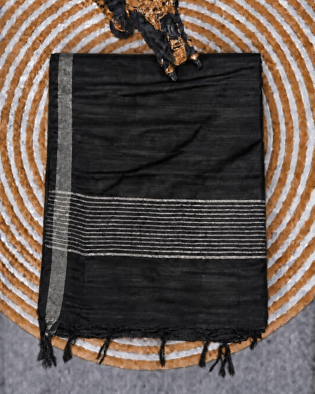 Tusser Saree with Checks Design and contrast Border -  Beige & Black