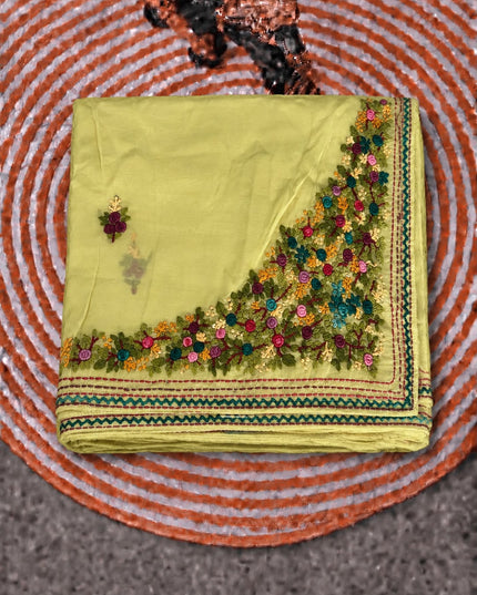 Russian Silk Saree with  Kantha Work - Lemon Yellow
