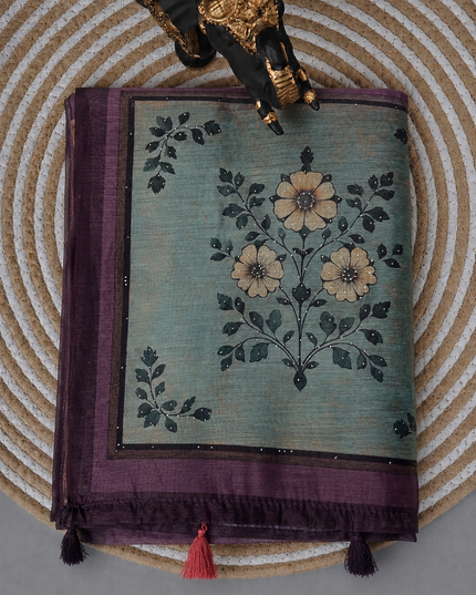 Tusser Silk Saree with Floral Print  contrast Border  -  Light Purple