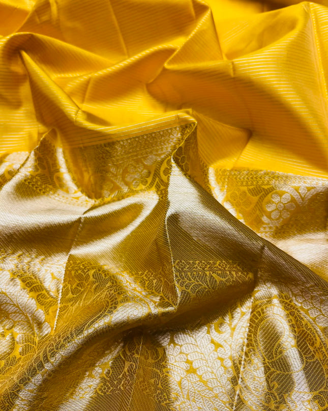 Pure Kanchi Pattu Saree With Allover Stripes Design and Rudraksh Peacock Motifs and Golden Border - Yellow