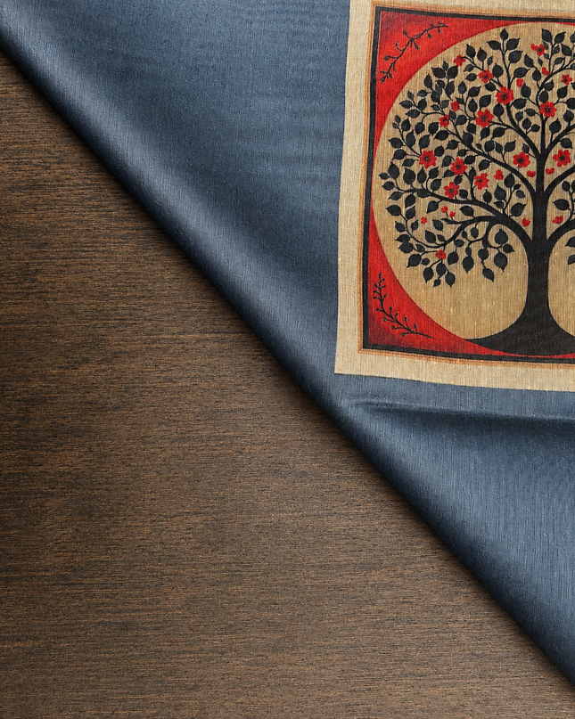 Tusser Silk Saree with Mahbubani Print  contrast Border  -  Grey