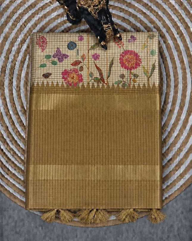 Tusser Silk Saree with Check Design and Contrast Border - Off White