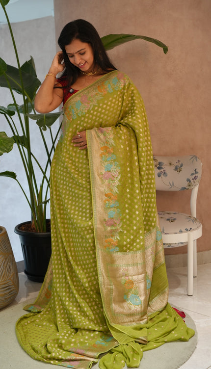 Kadi Georgette  Saree With Meena Kari Border -Green