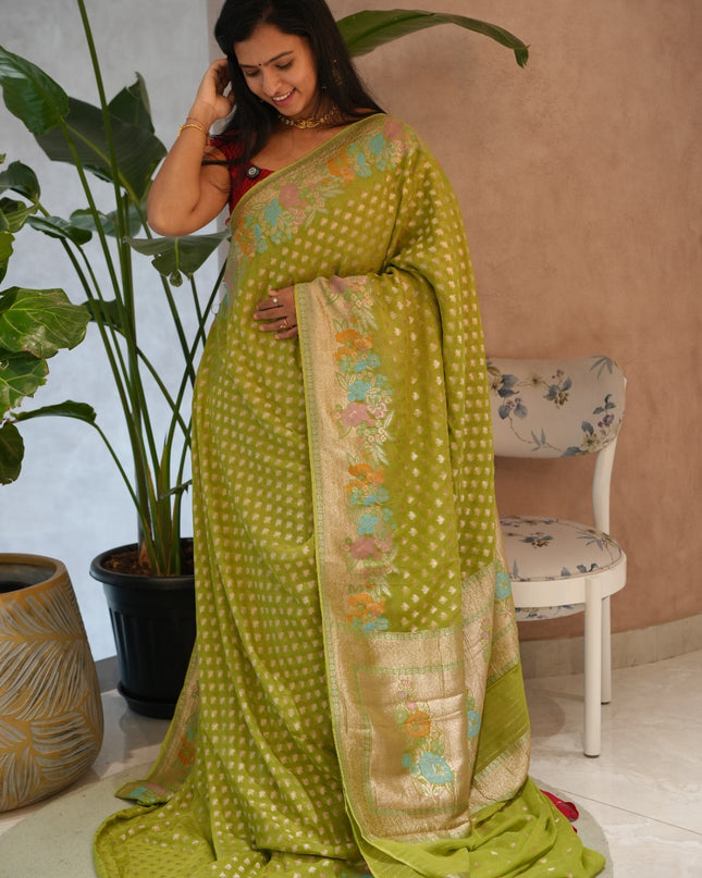 Kadi Georgette  Saree With Meena Kari Border -Green