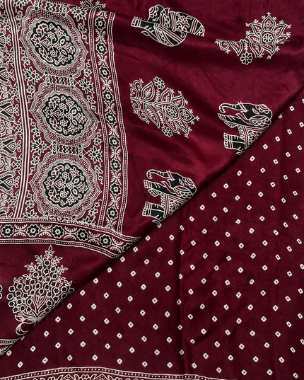 Modal silk saree with  ajrakh Design and Small Border  - Maroon