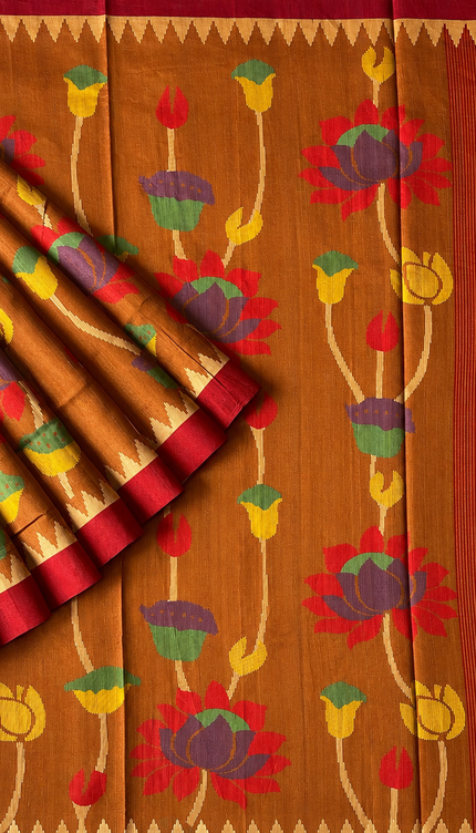 Tusser Jamdani Saree With  Contrast Border- Dark Mustard