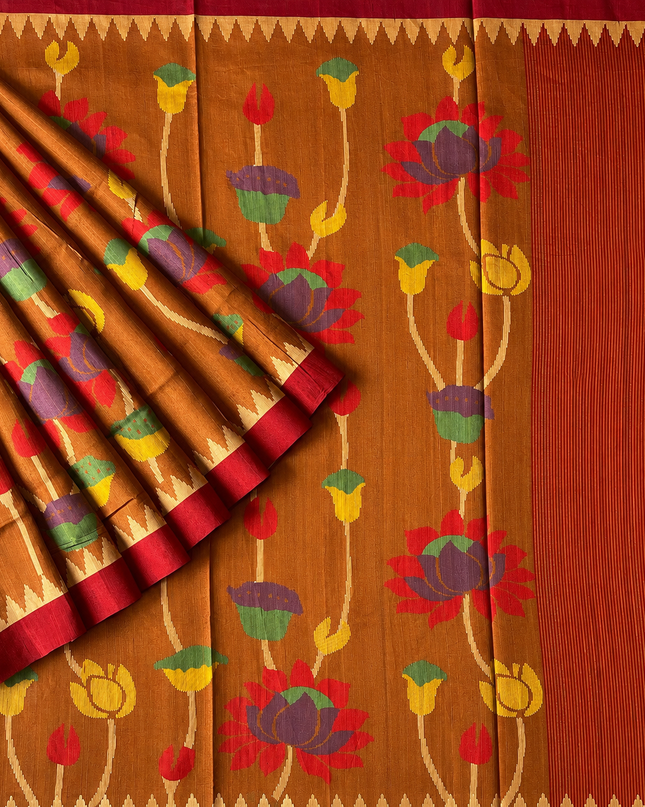 Tusser Jamdani Saree With  Contrast Border- Dark Mustard