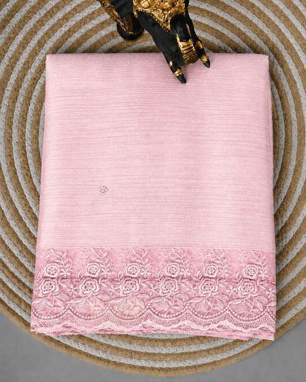 Malai Chanderi Saree with Allover small mirror work and  Thread Embroidery  Scallop Border  - Pink