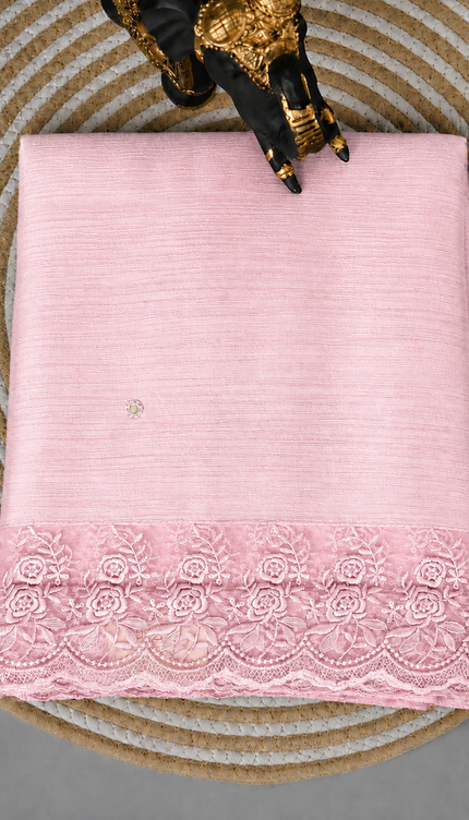 Malai Chanderi Saree with Allover small mirror work and  Thread Embroidery  Scallop Border  - Pink
