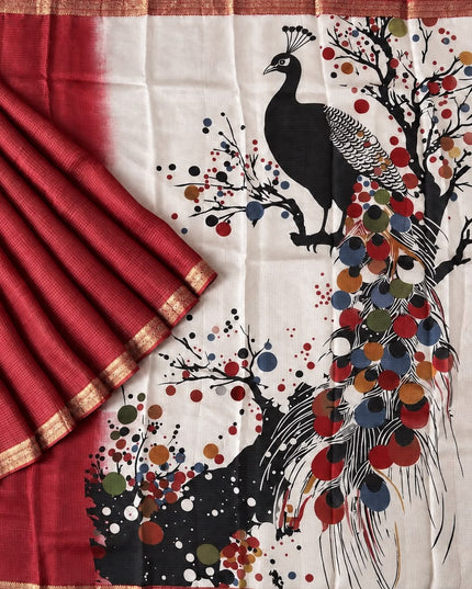 Pure Silk Kota Saree With Peacock Print and Small Kanchi Border - Red