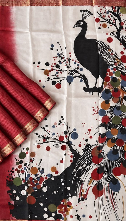 Pure Silk Kota Saree With Peacock Print and Small Kanchi Border - Red