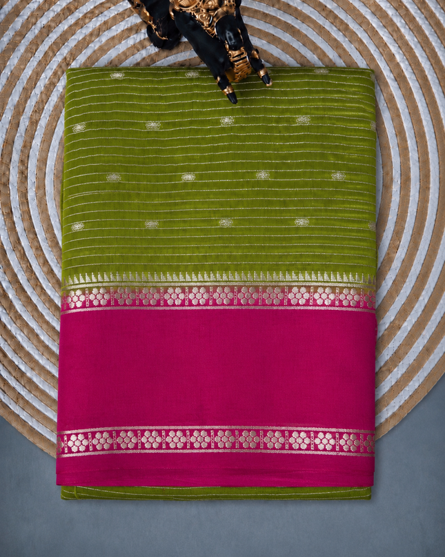 Munga Silk Saree With All over Oosi Design and Small Gold Butties  Contrast Border- Green & Pink