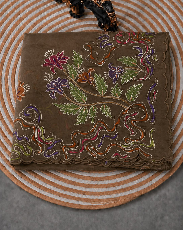 Soft Orznga Saree with Applique work And Peta Work with Scallop Border -  Brown