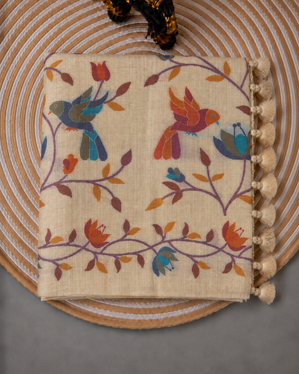 Jamdani saree with Allover Floral Design with Tassels -  Cream & Rust