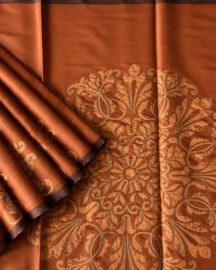 Tusser Silk Saree with Ari work and Contrast Border  - Rust