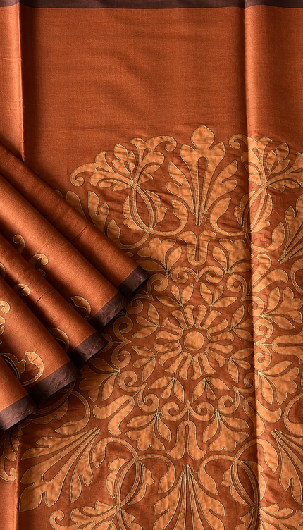Tusser Silk Saree with Ari work and Contrast Border  - Rust
