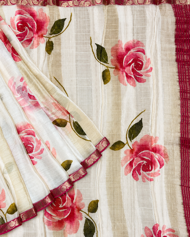 Crepe Silk Saree with  Floral Print with Contrast  Border - Cream & Pink