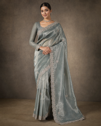 Soft  Tissue Organza Saree With Kardhana Work and Scallop Border- Mint Blue
