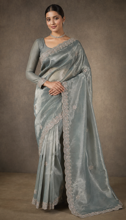 Soft  Tissue Organza Saree With Kardhana Work and Scallop Border- Mint Blue