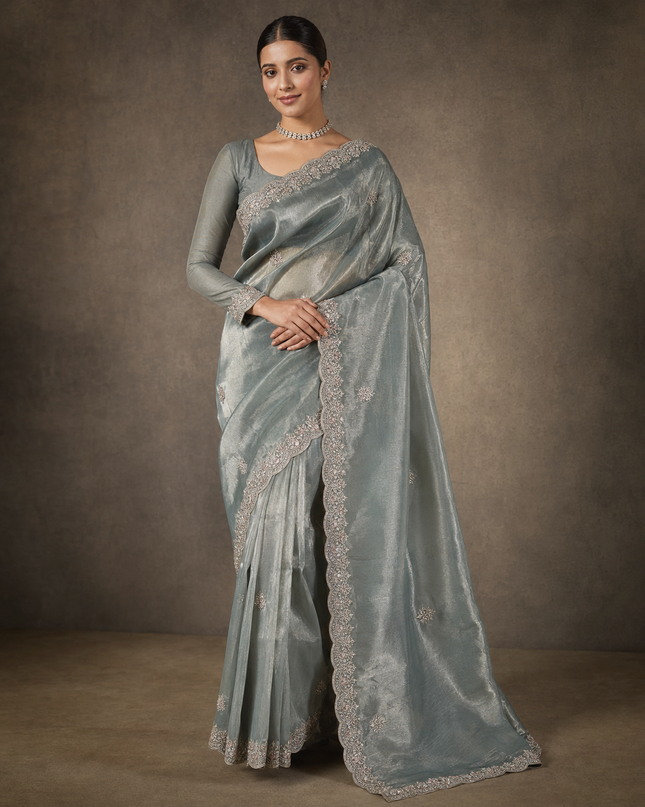 Soft  Tissue Organza Saree With Kardhana Work and Scallop Border- Mint Blue