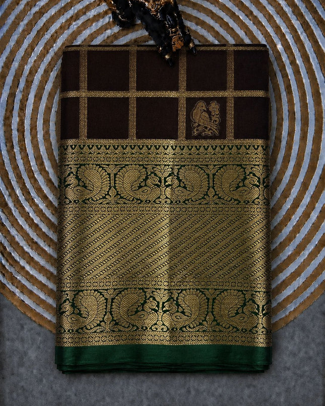 Pure Pattu Saree With Gold Cheks Weaving and  Peacock Buttes and Golden Border-  Black