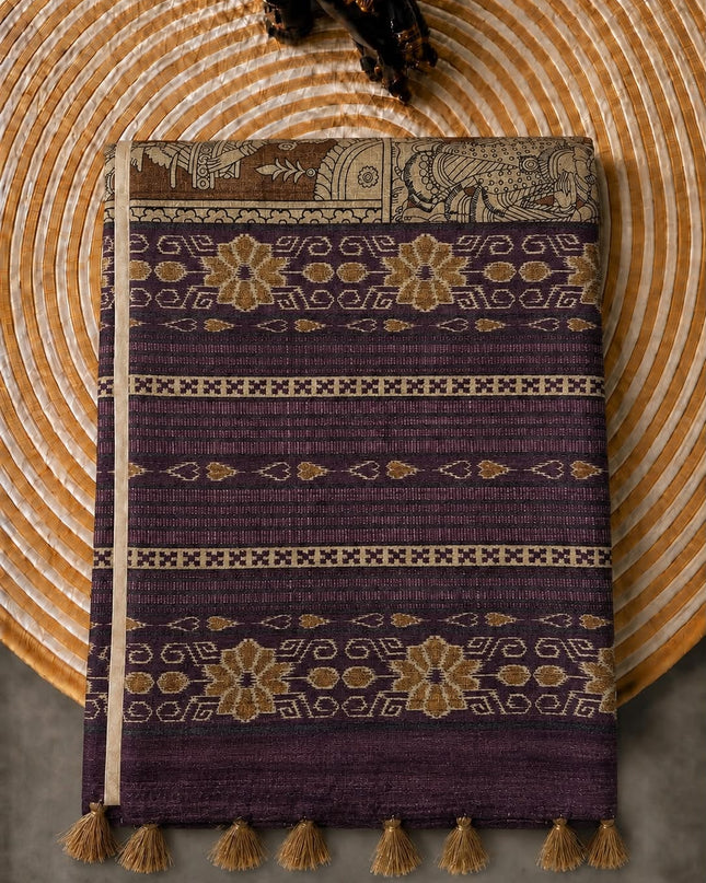 Tusser Silk Saree With Kalamkari Print and Contrast Border- Peacock Blue
