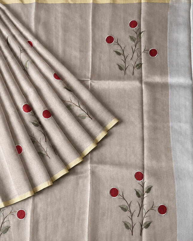Pure Tissue Saree  with Embroidery Work and  piping border - Gold & Mustard