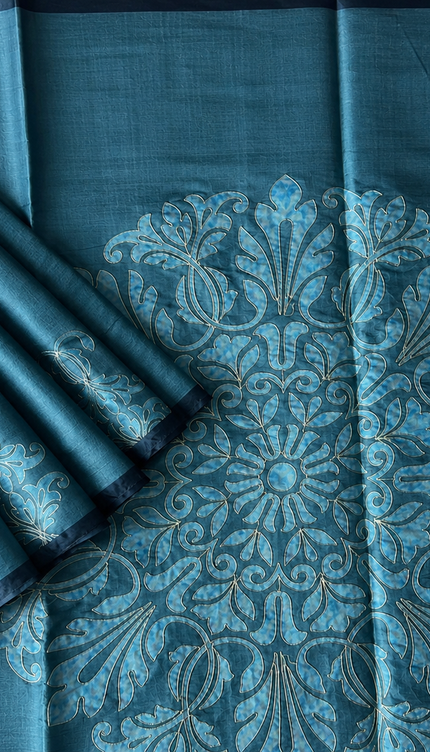 Tusser Silk Saree with Ari work and Contrast Border  -Peacock Blue