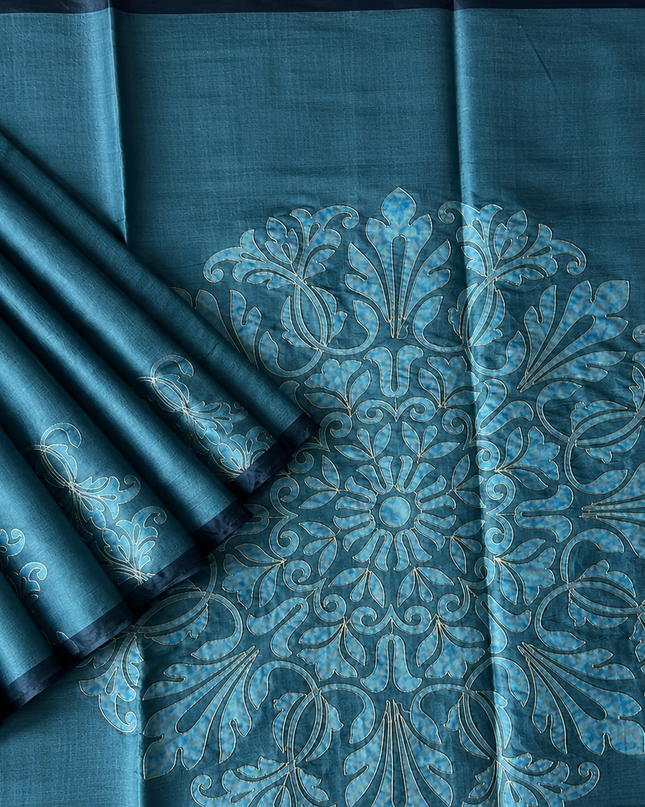 Tusser Silk Saree with Ari work and Contrast Border  -Peacock Blue