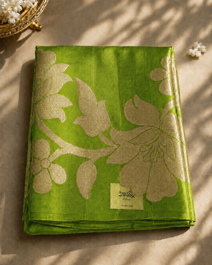 Kora Organza Saree with Jamdani Weaving and Self Border  - Green