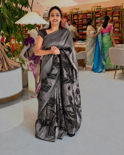 Heritage Banaras Saree With Gold and Silver Zari Weaving Lotus Design -Black