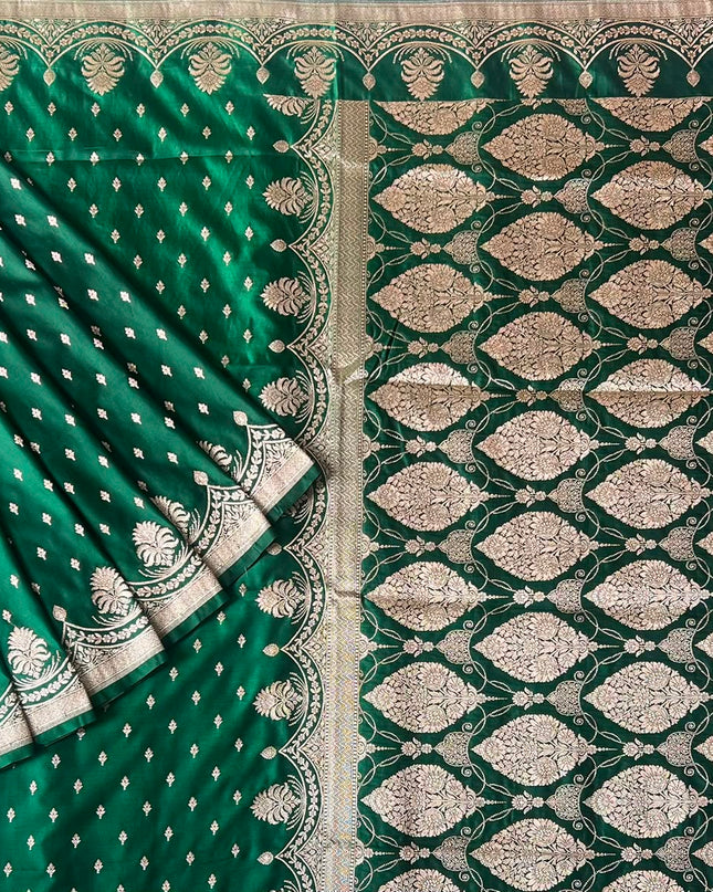Mashru Banaras saree with All over Gold Zari Weaving Buttes and Zari Scallop Border - Bottle Green