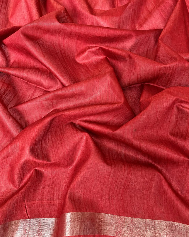 Tusser Saree with Checks Design and contrast Border -  Red