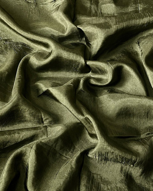 Chinon Crepe Saree With Golden Checks Design and Thread Embroidery Border -Olive Green
