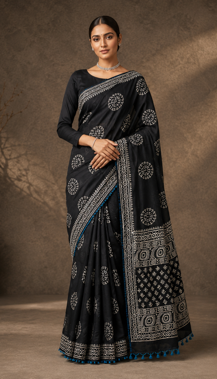 Mul Cotton Saree With Digital Print and Lace Border -Black