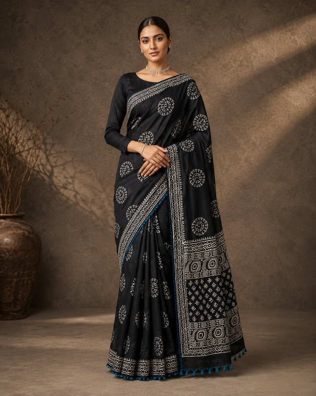 Mul Cotton Saree With Digital Print and Lace Border -Black