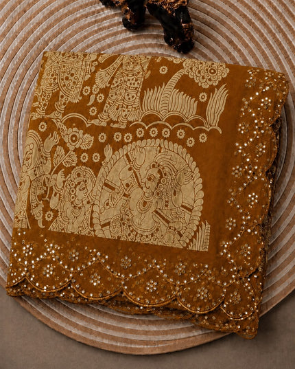 Georgette Saree With Kalmkari Print and Scallop Border and Mirror Work  - Mustard