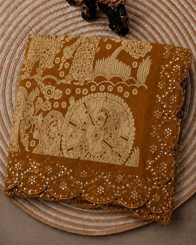 Georgette Saree With Kalmkari Print and Scallop Border and Mirror Work  - Mustard