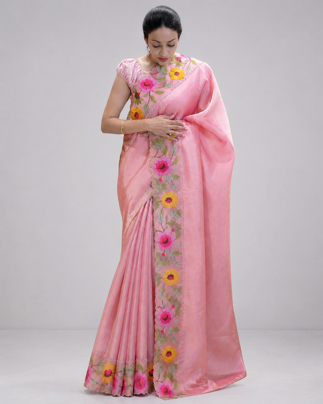 Soft tissue Organza saree with Thread work and scallop border - Baby Pink