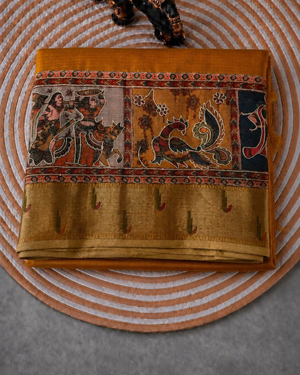 Kota Silk Saree with Kalamkari Dori Work and Muniya Border  - Mustard